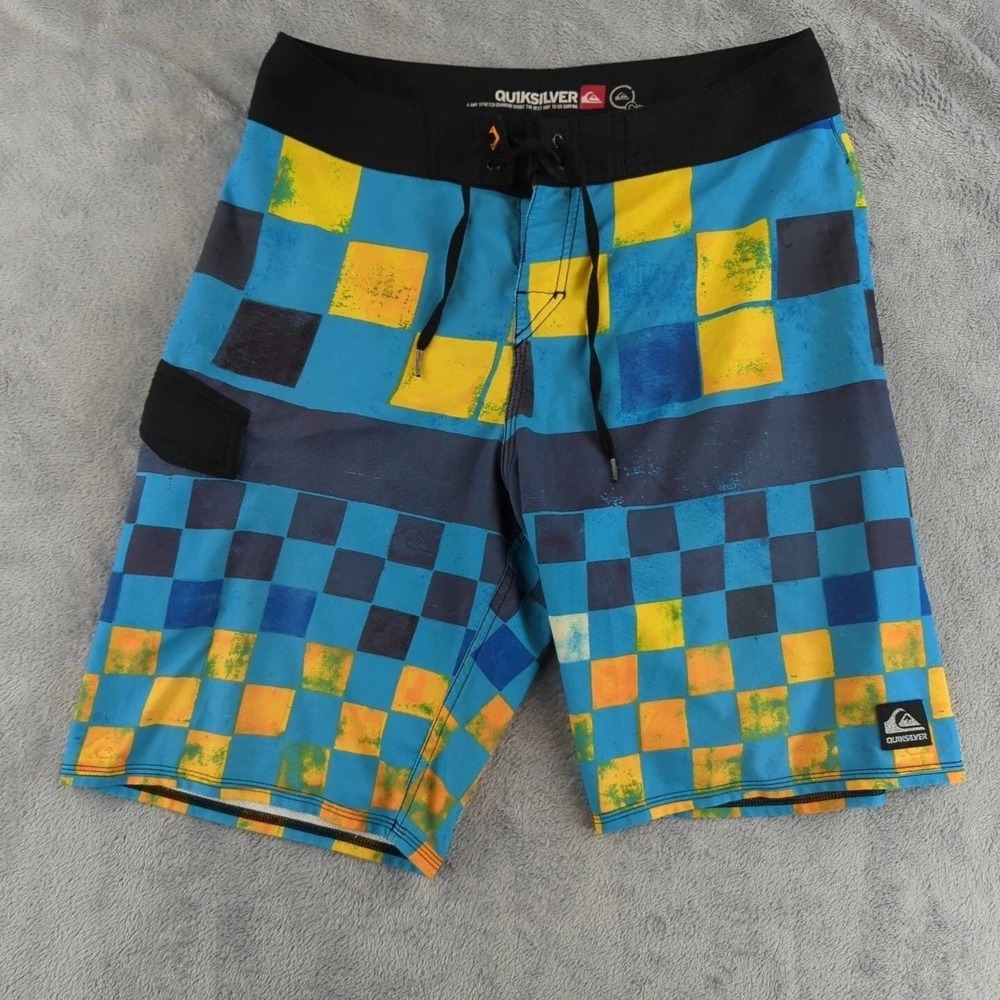 Quiksilver Board Shorts Mens 32 Blue Yellow Checkered Swim‎ Trunks 4-Way Stretch